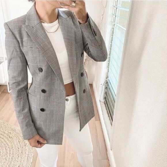 Theory Power Portland Windowpane Plaid Double-Breasted Wool Blazer Size 12 - Picture 2 of 9